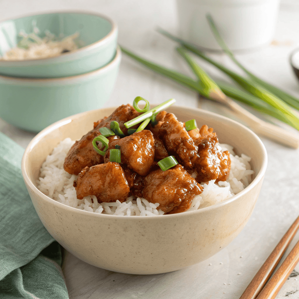 Firecracker chicken over rice with glossy sauce and green onions