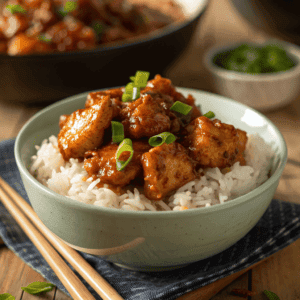Hero shot of firecracker chicken with glossy sauce over white rice