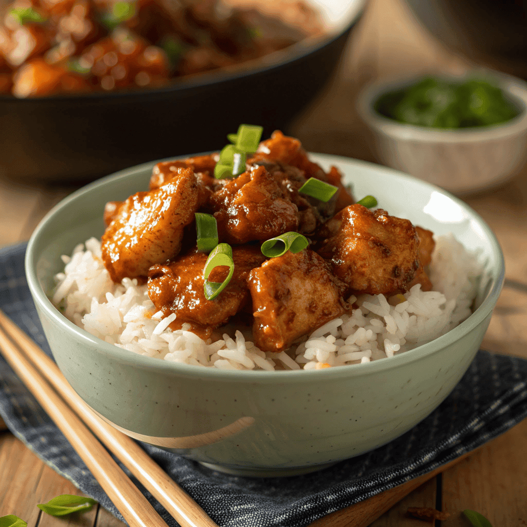 Hero shot of firecracker chicken with glossy sauce over white rice