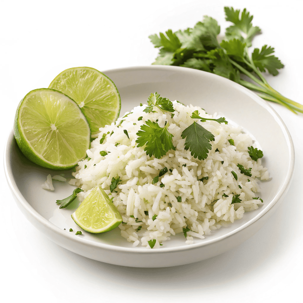 Fluffy cilantro lime rice served on a white plate with fresh lime wedges and cilantro