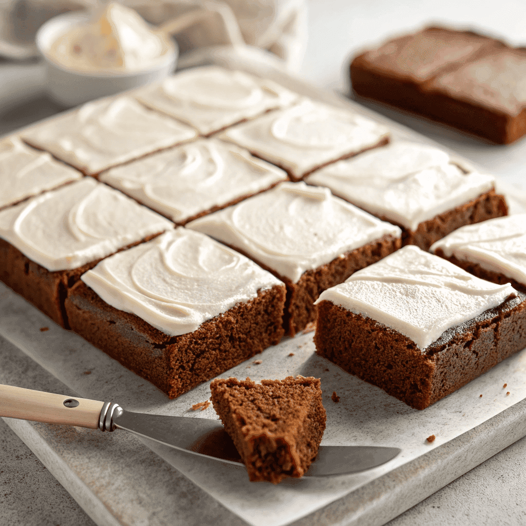 Hero shot of frosted gingerbread brownies with dense spiced brownie base and smooth white frosting.