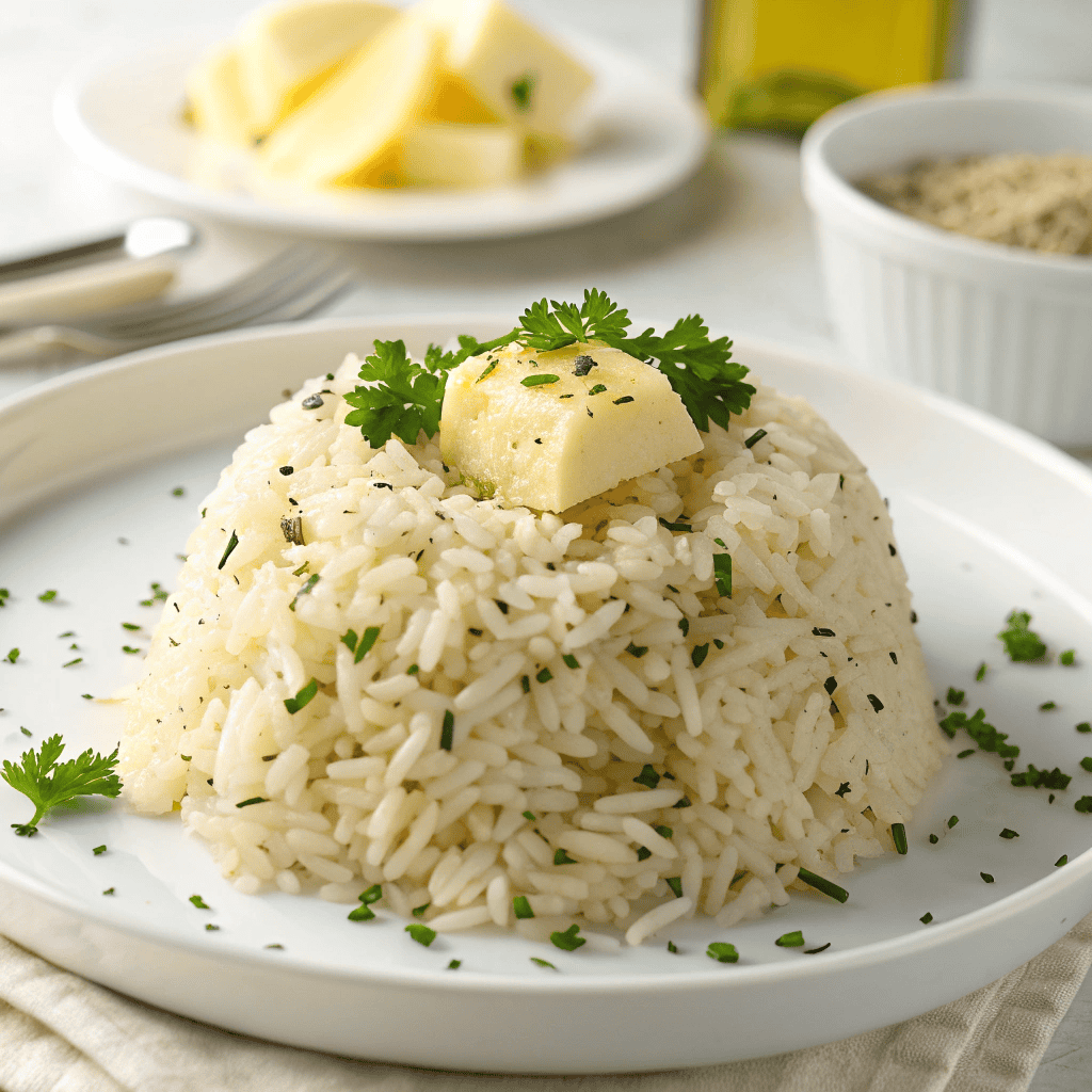 Garlic Butter Rice Recipe | Fluffy, Buttery, Easy Side Dish 1 Garlic butter rice served on a clean white plate with parsley garnish