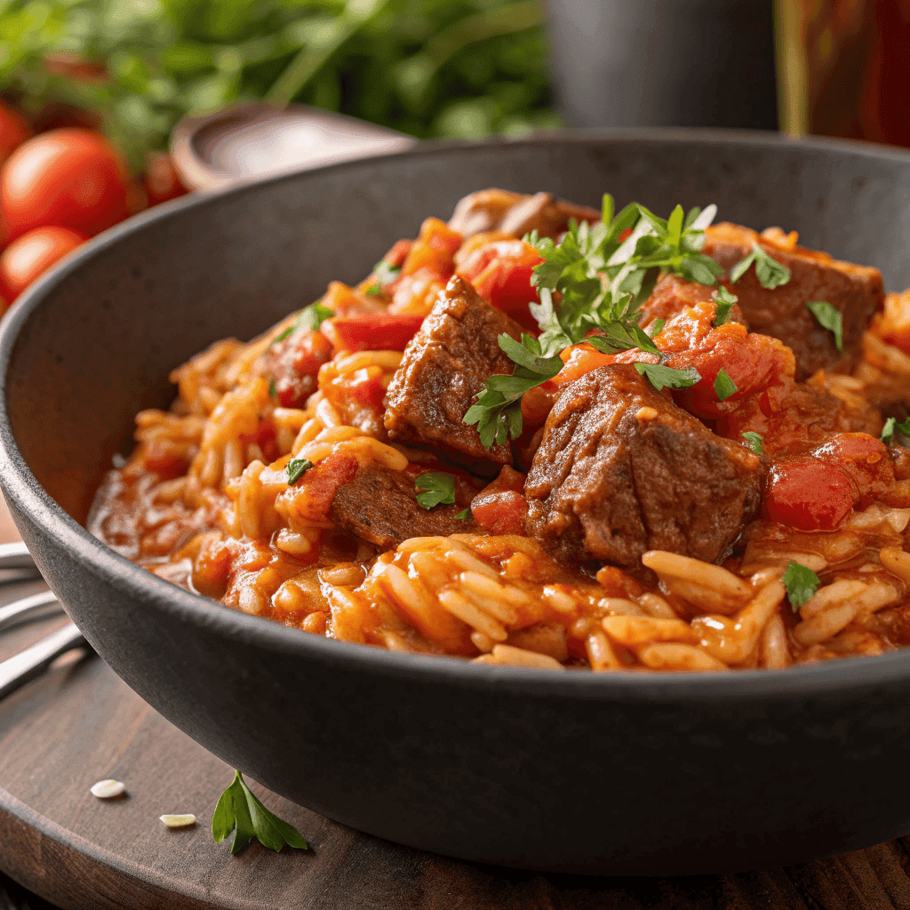 Hero shot of Greek beef orzo pasta with tender beef cubes in a rich tomato sauce garnished with herbs.