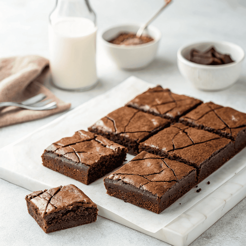 Greek yogurt brownies with crackled tops on a white background