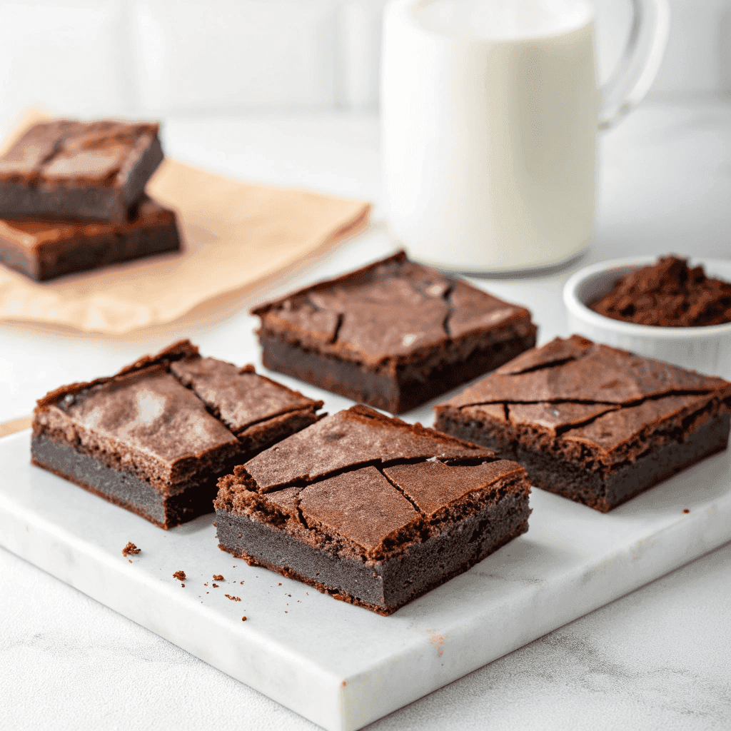 Hero shot of Greek yogurt brownies with crackled tops and fudgy texture