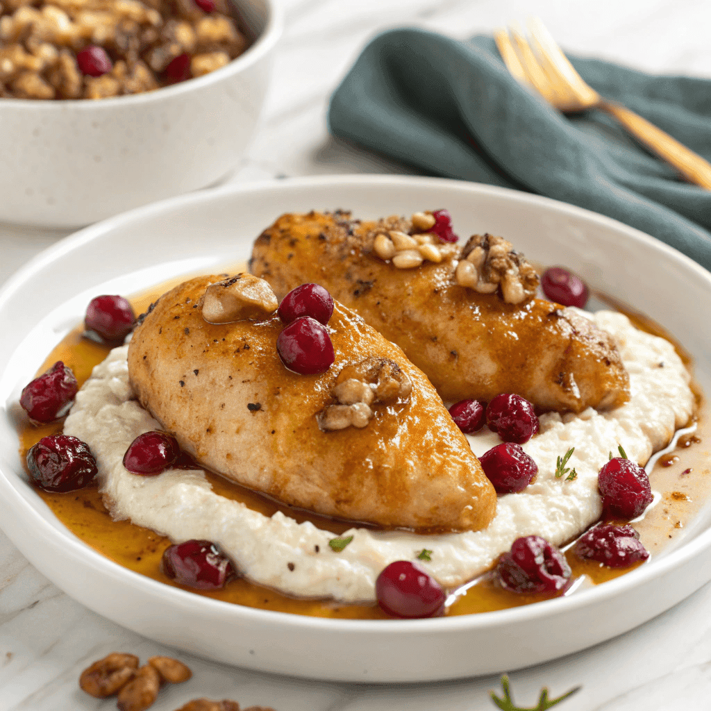 Honey cranberry baked chicken served on whipped ricotta cheese on a white plate