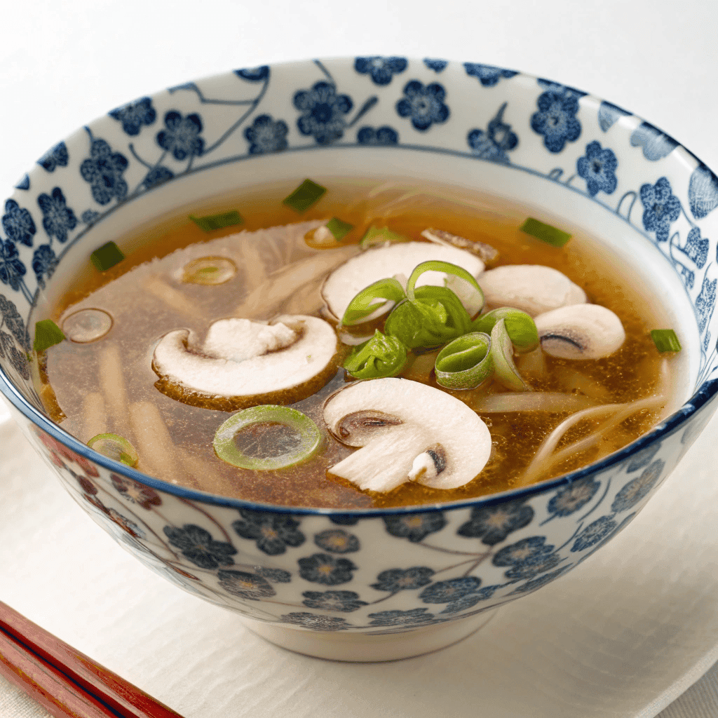 Japanese Clear Onion Soup : Light, Flavorful Hibachi-Inspired Broth 4 Hero shot of Japanese clear onion soup with crystal clear broth, sliced mushrooms, scallions, and ceramic spoon.