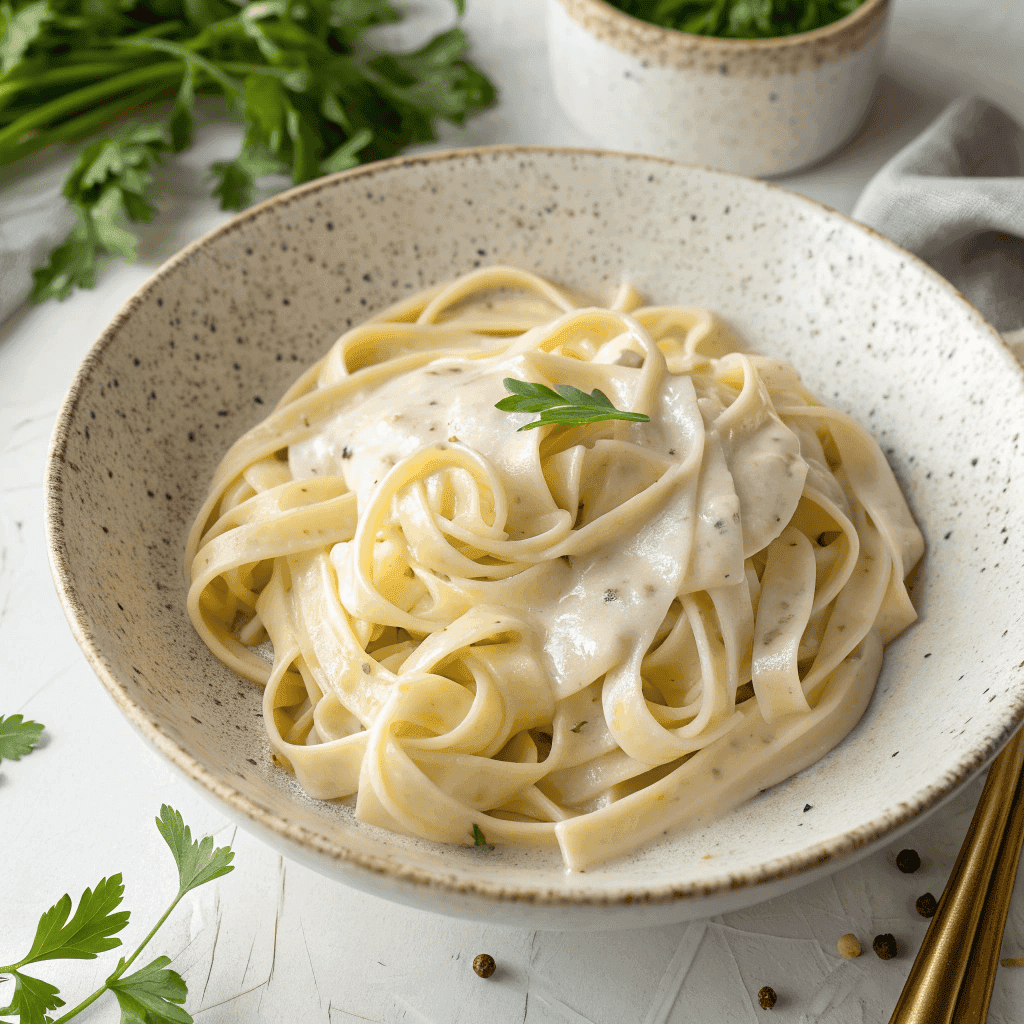 Overhead view of oat milk alfredo pasta with creamy white sauce, fettuccine noodles, and parsley garnish.