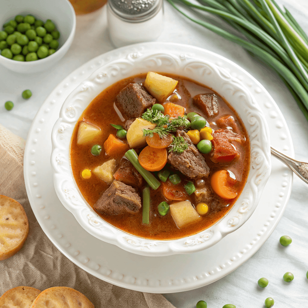 Top-down view of old-fashioned vegetable beef soup with chunks of beef, potatoes, carrots, peas, corn, and green beans in a tomato broth.