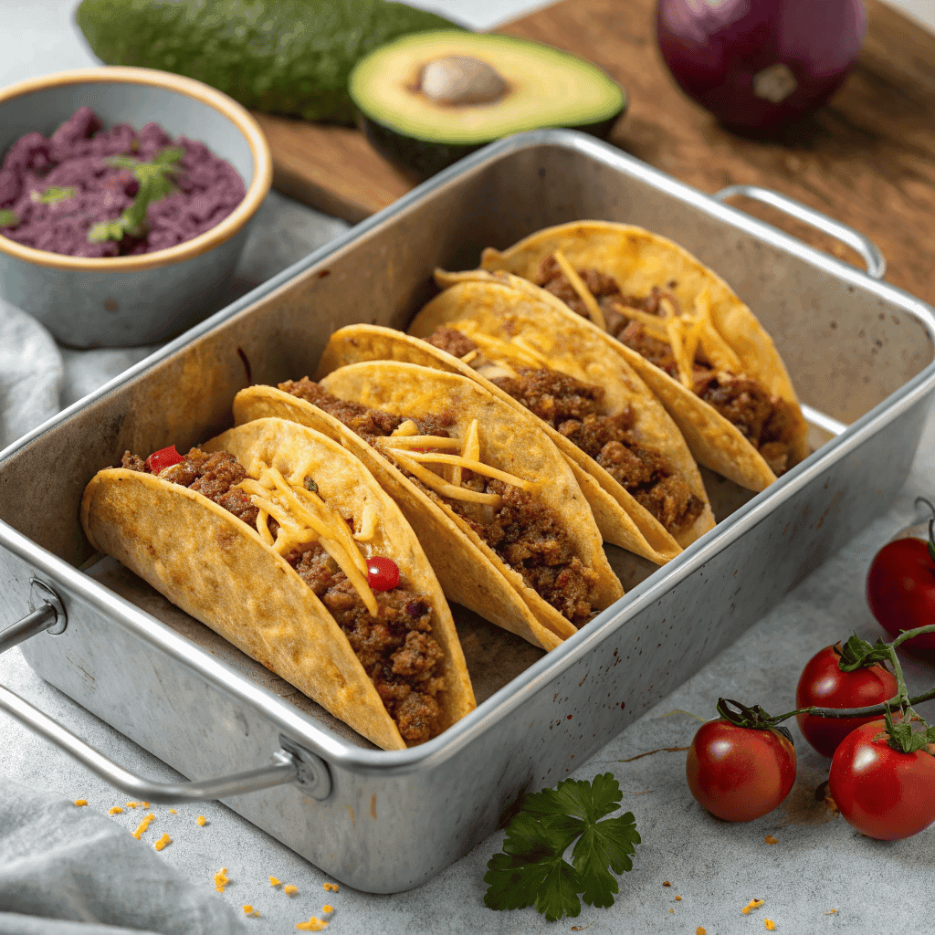 Close-up hero shot of oven baked cheesy tacos in a metal pan with melted cheese, seasoned ground beef, lettuce, tomato, and red onion.