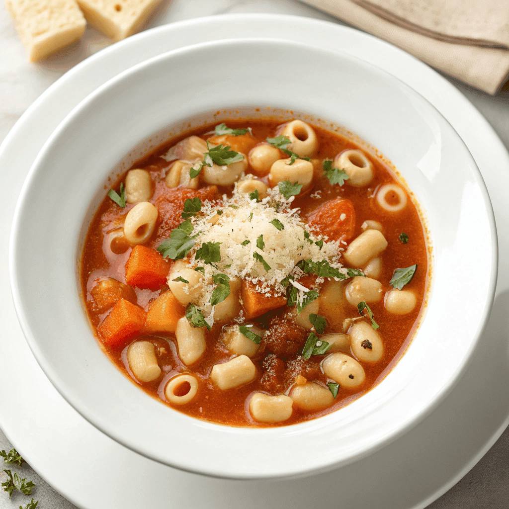 Top-down view of pasta fagioli soup with ditalini pasta, white beans, tomato broth, grated cheese, and herbs.