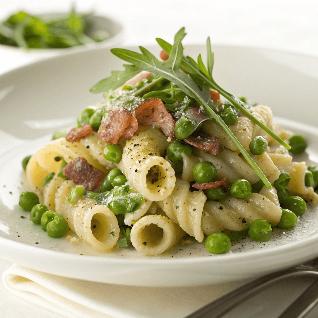 Pasta with peas and pancetta served on a white plate