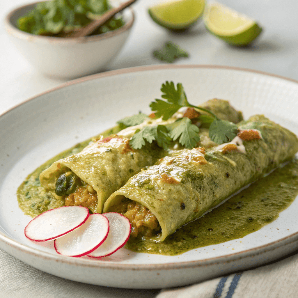 Plant-Based Potato Green Chili Enchiladas – Vegan Comfort Food 1 Two plant-based potato green chili enchiladas served on a white plate with radishes, cilantro, and lime