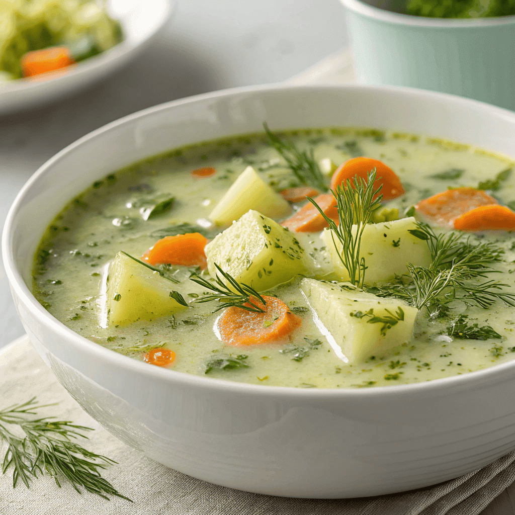 Polish dill soup served in a white bowl with creamy green broth