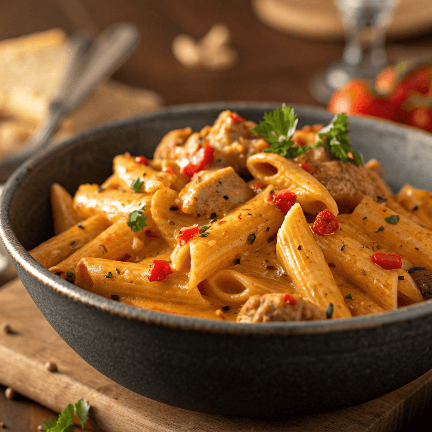 Creamy rattlesnake pasta with penne, Cajun-spiced sauce, parsley, and red peppers.