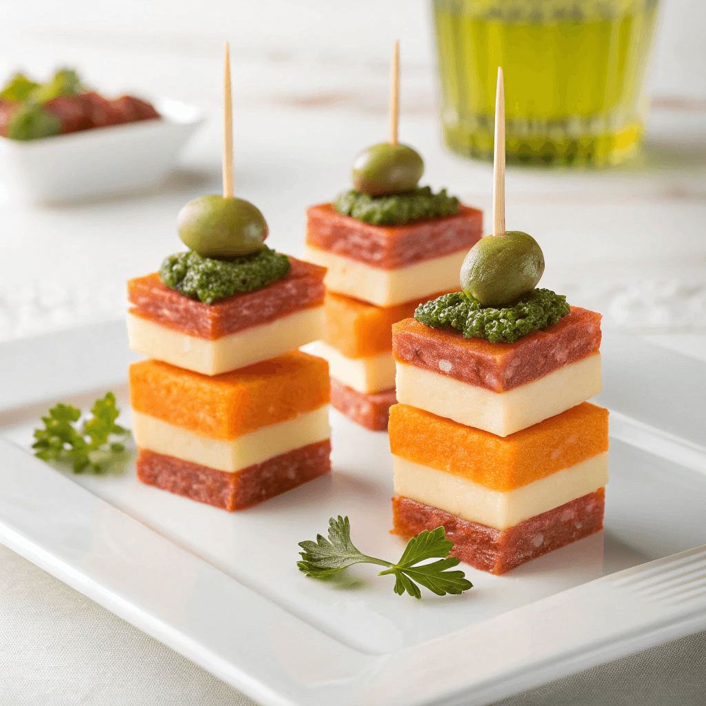 Salami bites with cheese, pesto, and olive served on a white plate