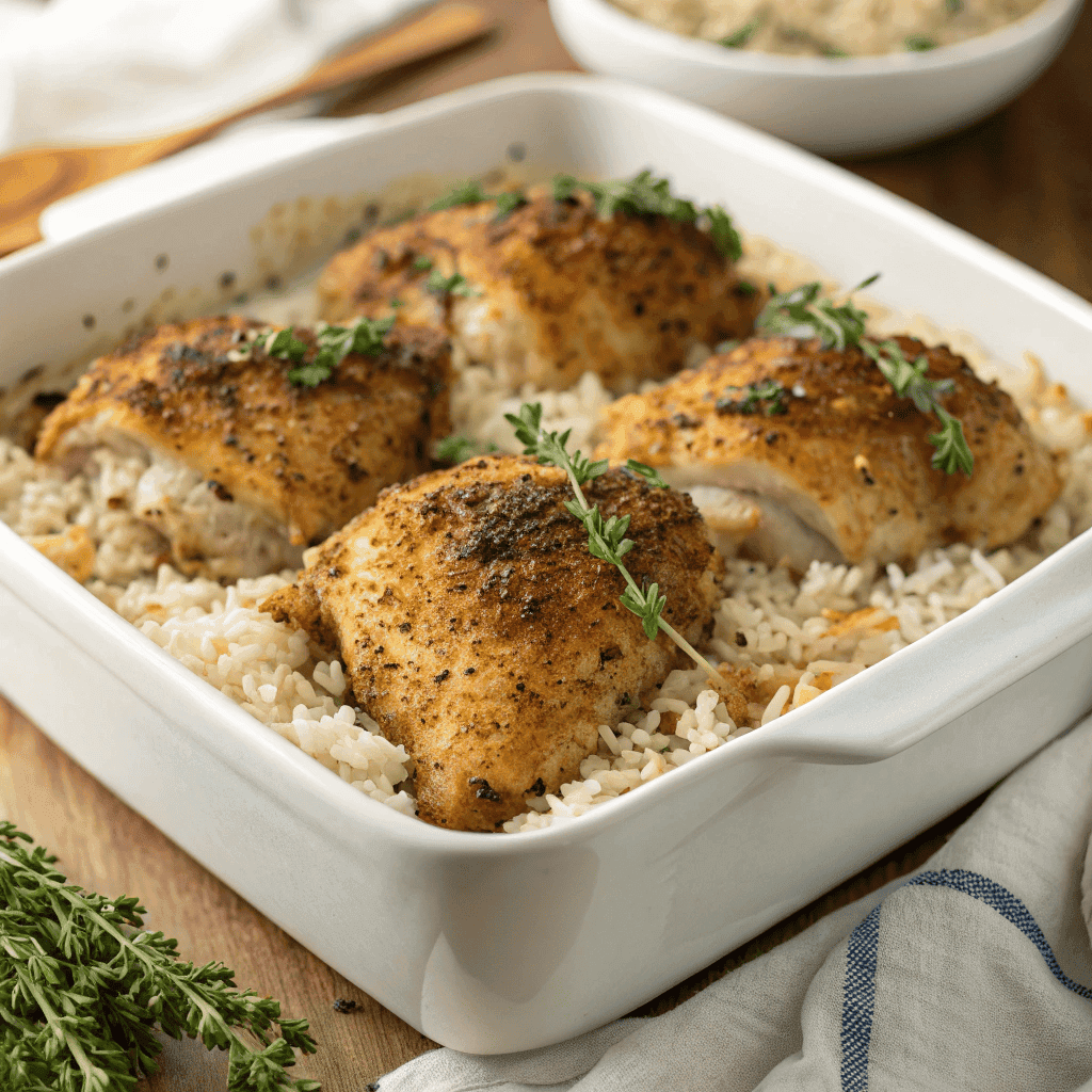 Hero shot of baked herb chicken casserole with golden crust and rice