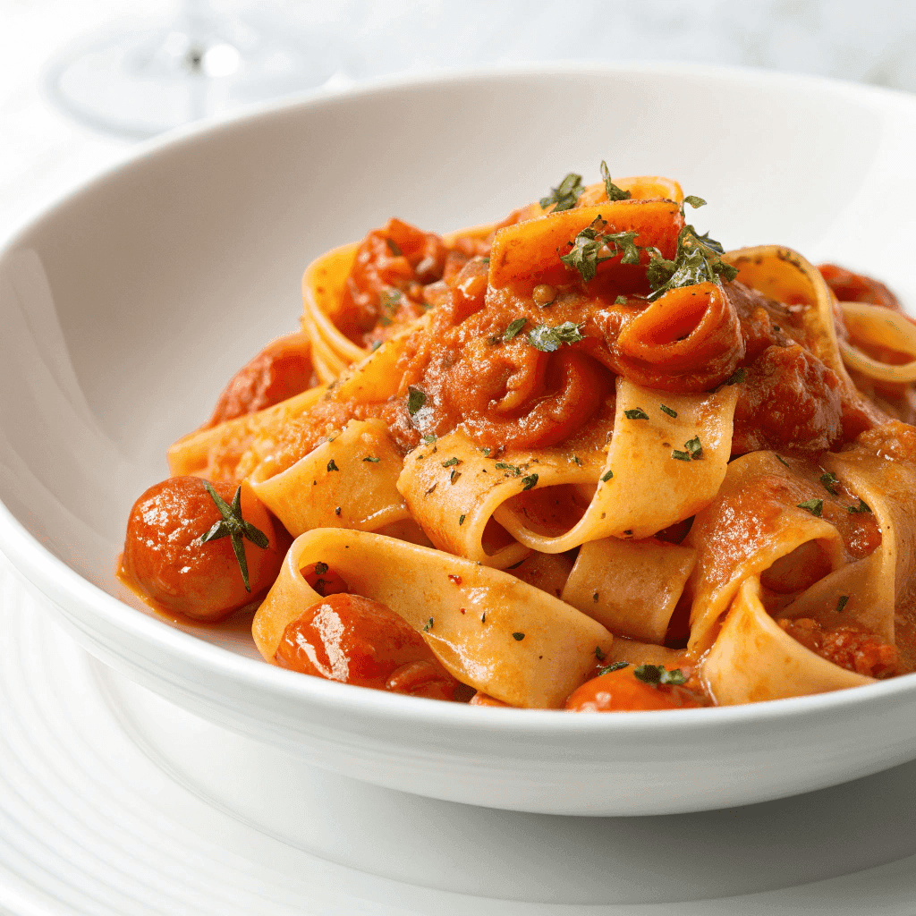 Sicilian tomato pasta served on a clean white plate