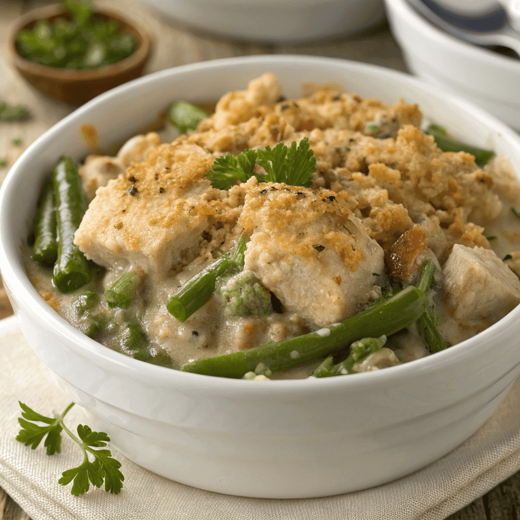 Slow cooker chicken casserole with green beans, creamy sauce, and golden crumb topping in a white bowl.