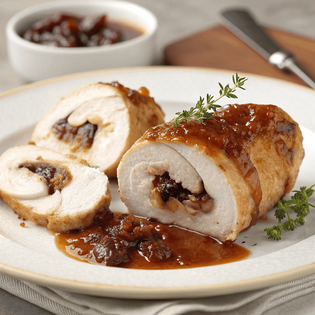 Fig jam and goat cheese stuffed chicken served neatly on a clean white plate