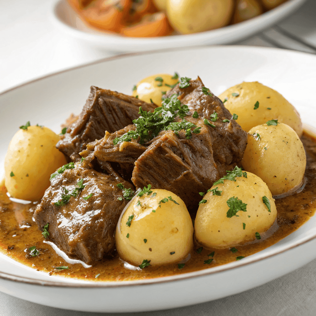 Slow cooker garlic butter beef and potatoes served on a white plate