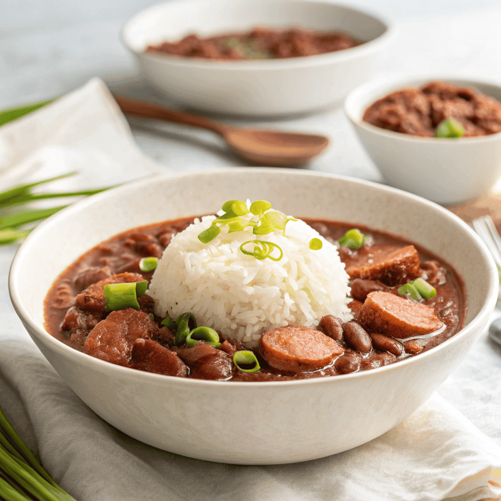 Red beans and rice served in a white bowl with sausage and rice mound