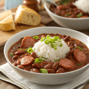 Hero shot of slow cooker red beans and rice with sausage and green onions