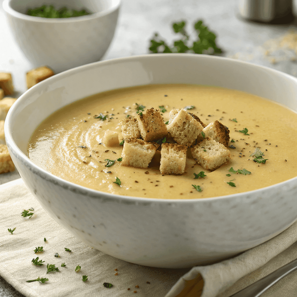 Full bowl of Slow Cooker Saint Nicholas Soup showing creamy golden soup topped with croutons.