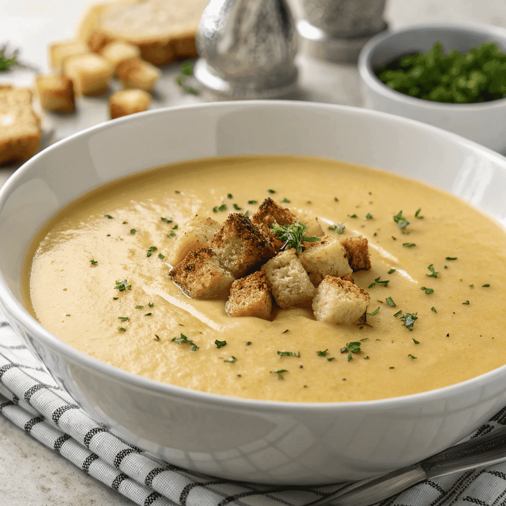 Hero shot of Slow Cooker Saint Nicholas Soup with creamy golden texture, toasted croutons, and light herb garnish.