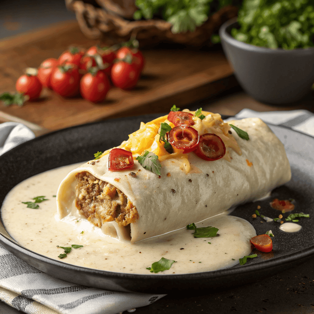 Smothered burrito topped with creamy white sauce, melted cheese, fresh pico, and cilantro on a dark plate.