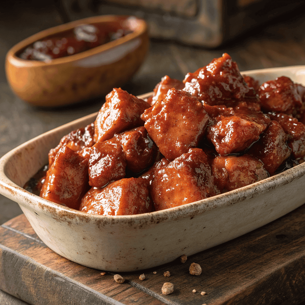 Hero shot of Sweet Baby Ray’s crockpot chicken coated in thick glossy barbecue sauce with caramelized edges.