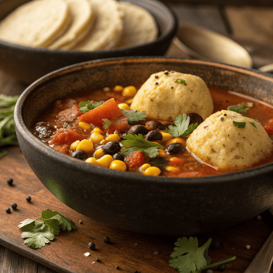 Tamale soup with masa dumplings, corn, beans, and cilantro in a rustic bowl.