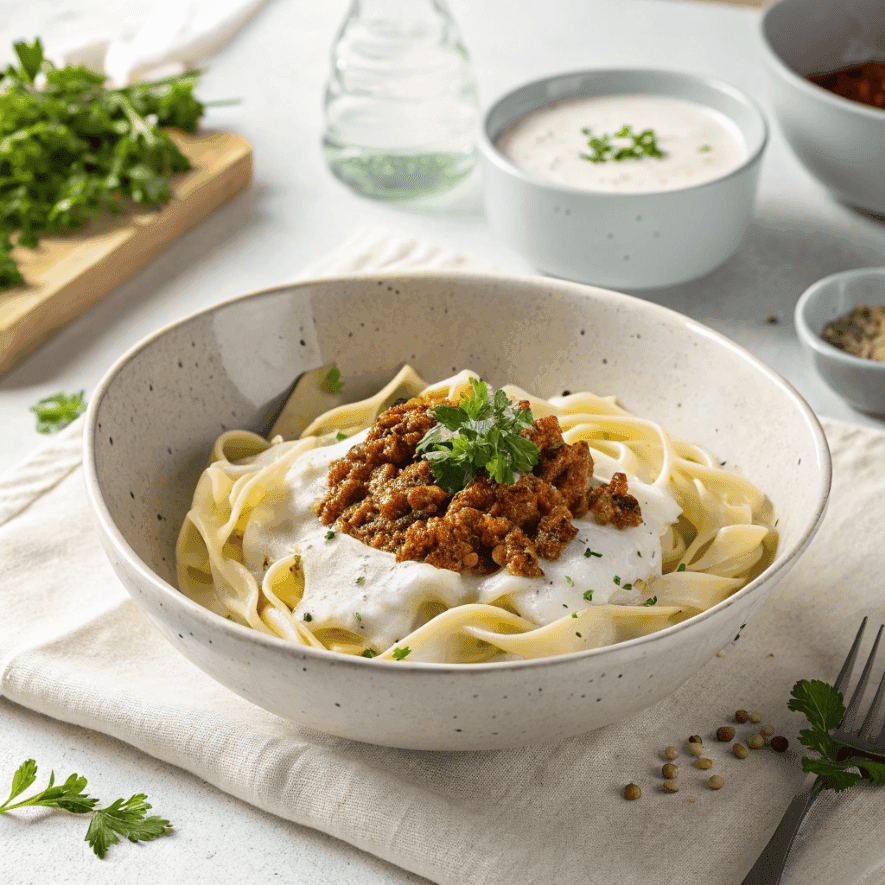 Creamy Arabic pasta with minced meat topping served in a clean bowl.