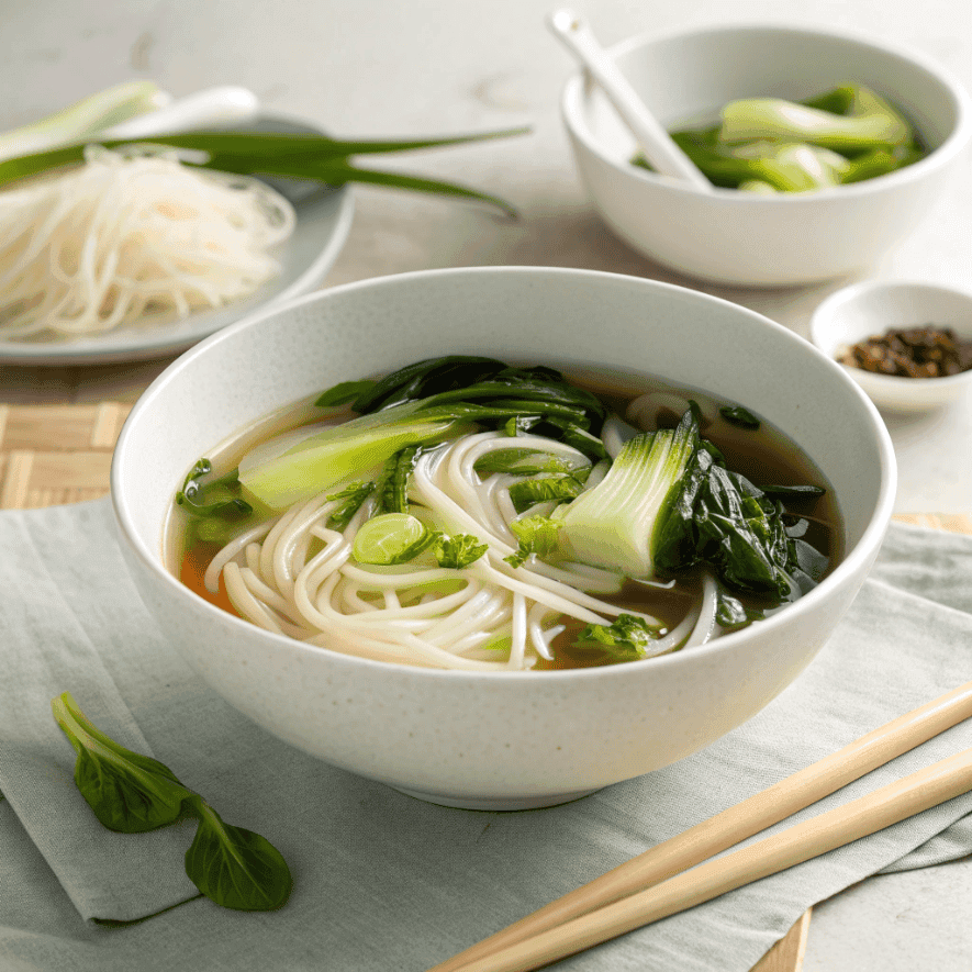 Baby bok choy soup served cleanly with rice noodles and dark broth.