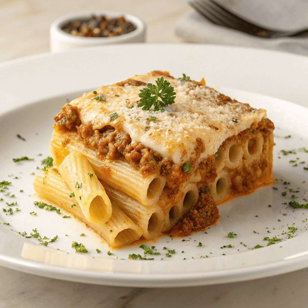 Baked rigatoni served on a white plate with meat sauce and melted cheese