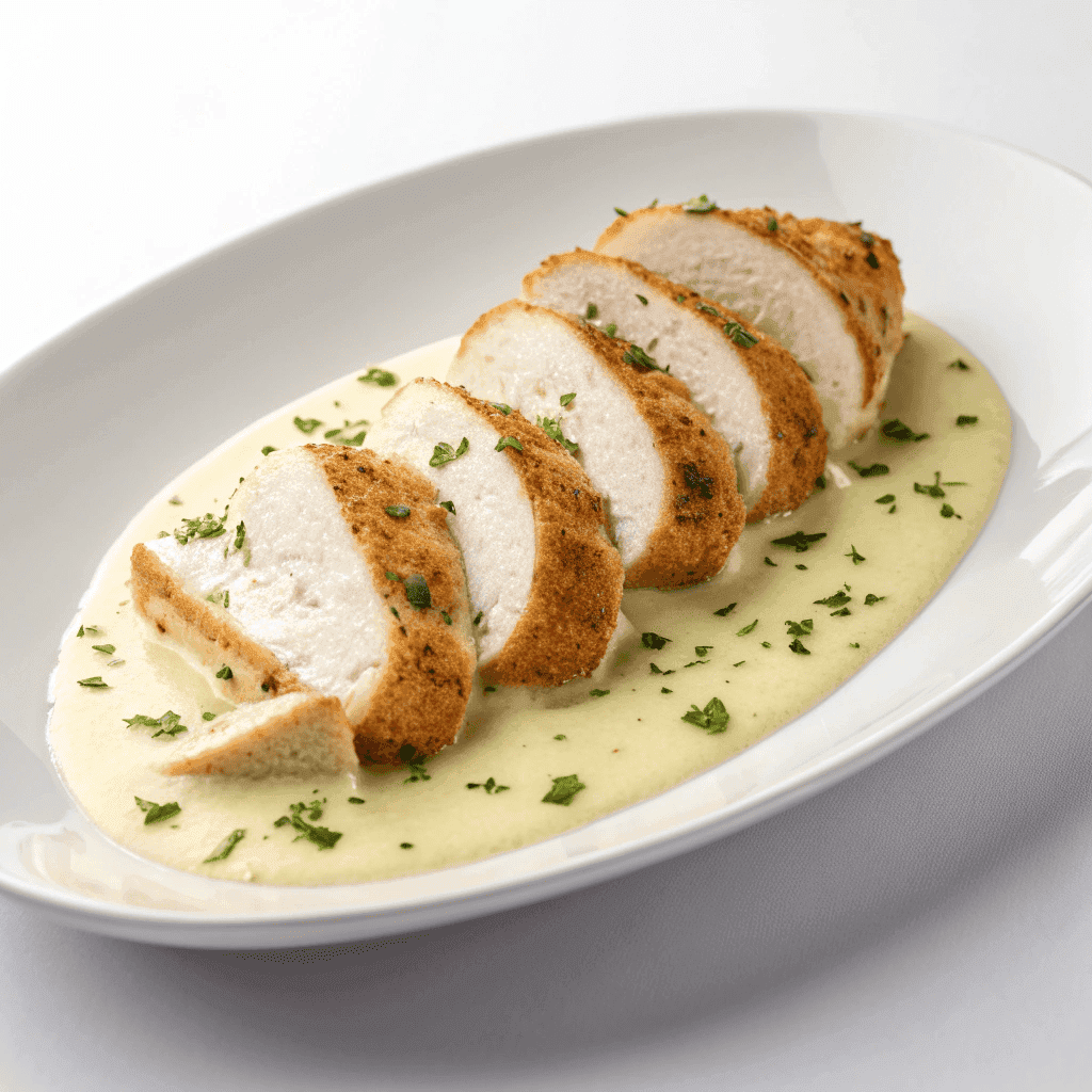 Baked Caesar chicken served on a plate with creamy parmesan Caesar sauce