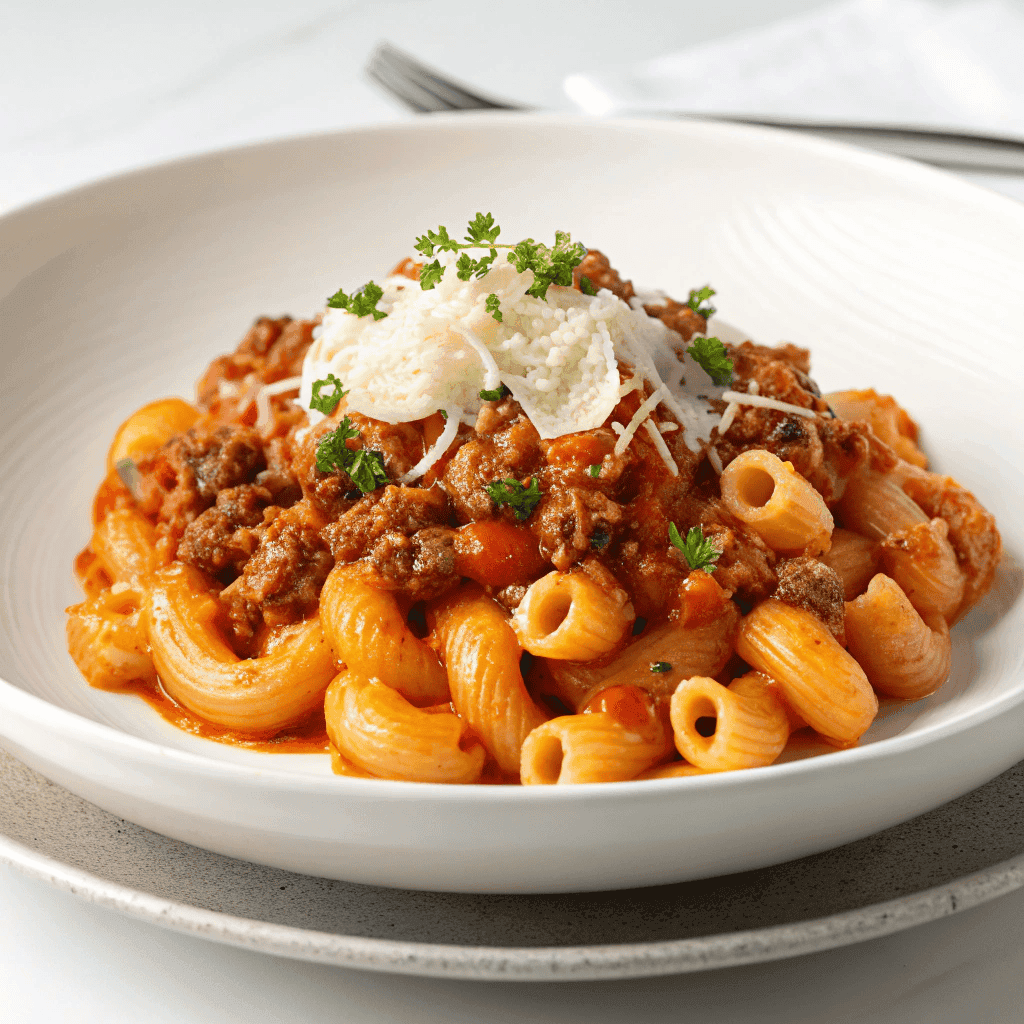 Beefaroni pasta served on a plate with tomato meat sauce, grated cheese, and parsley
