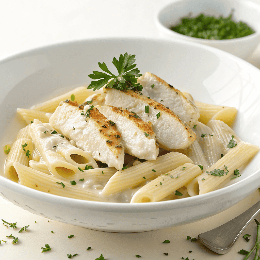 Boursin chicken pasta served on a white plate with creamy sauce and golden chicken pieces