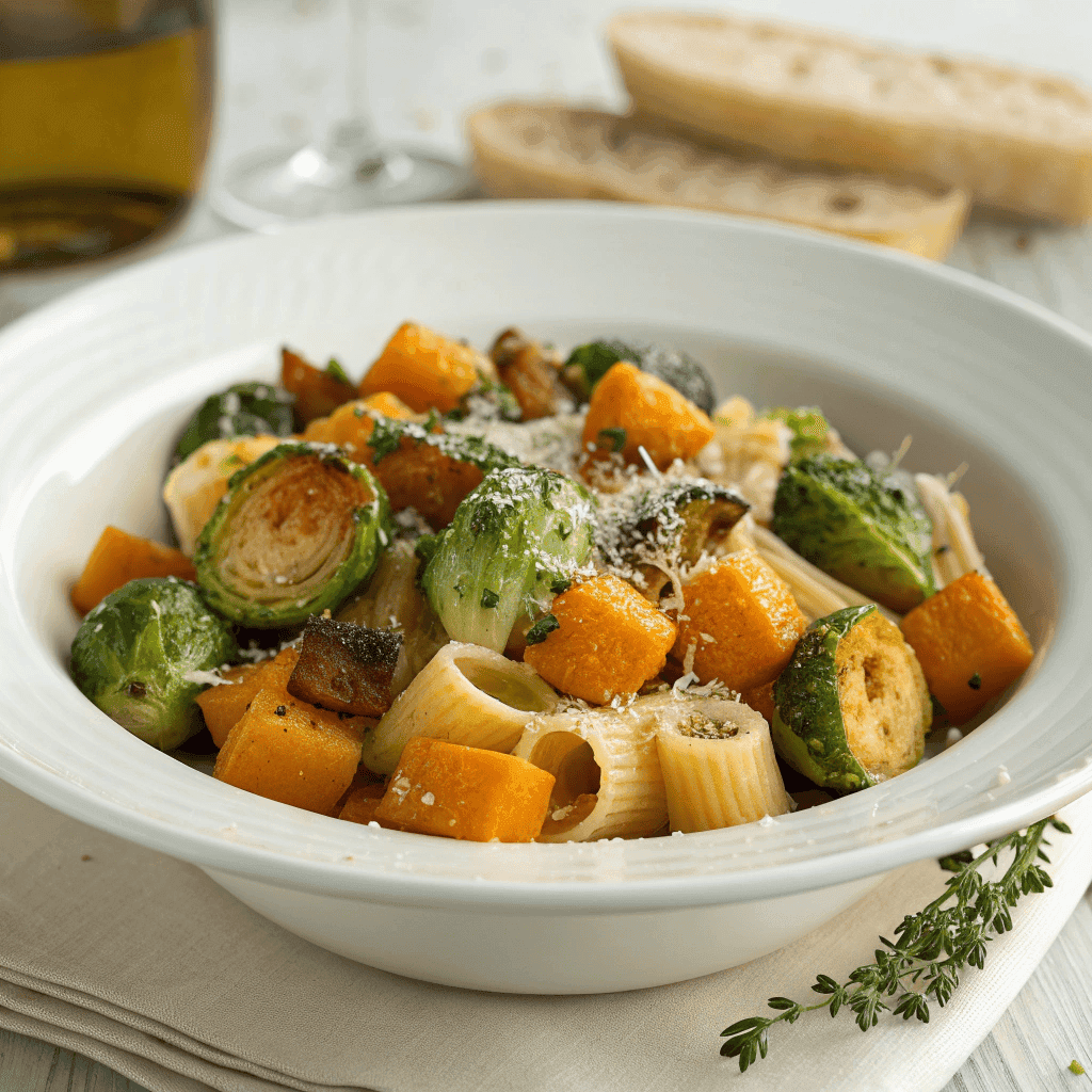 Brussels sprouts and butternut squash pasta served on a white plate with herbs and cheese