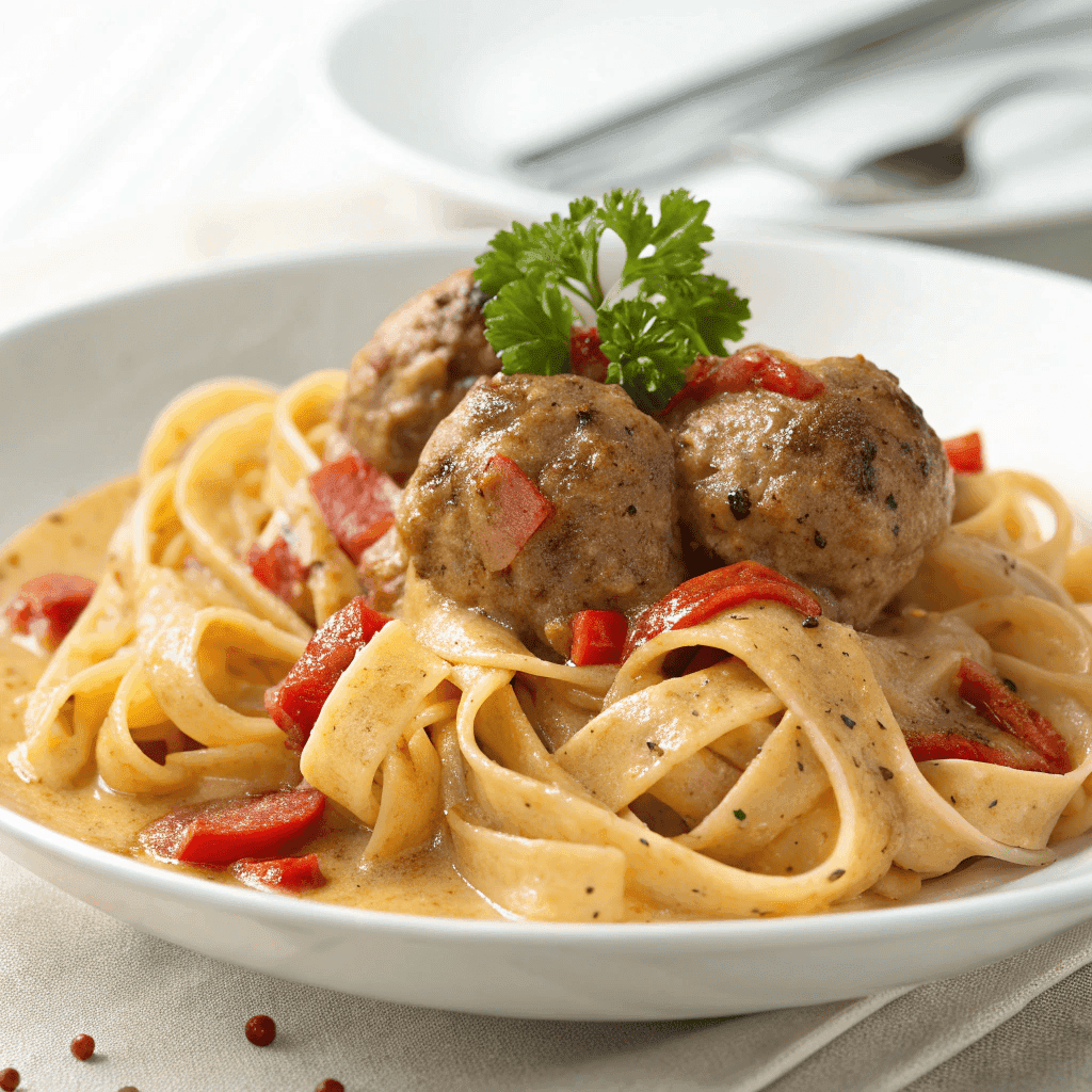 Cajun meatball pasta served on a plate with creamy orange sauce and parsley garnish