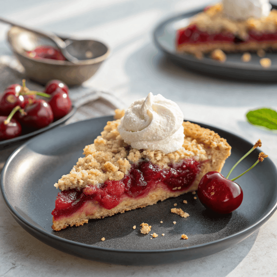 Cherry crumb pie slice served cleanly with whipped cream topping.