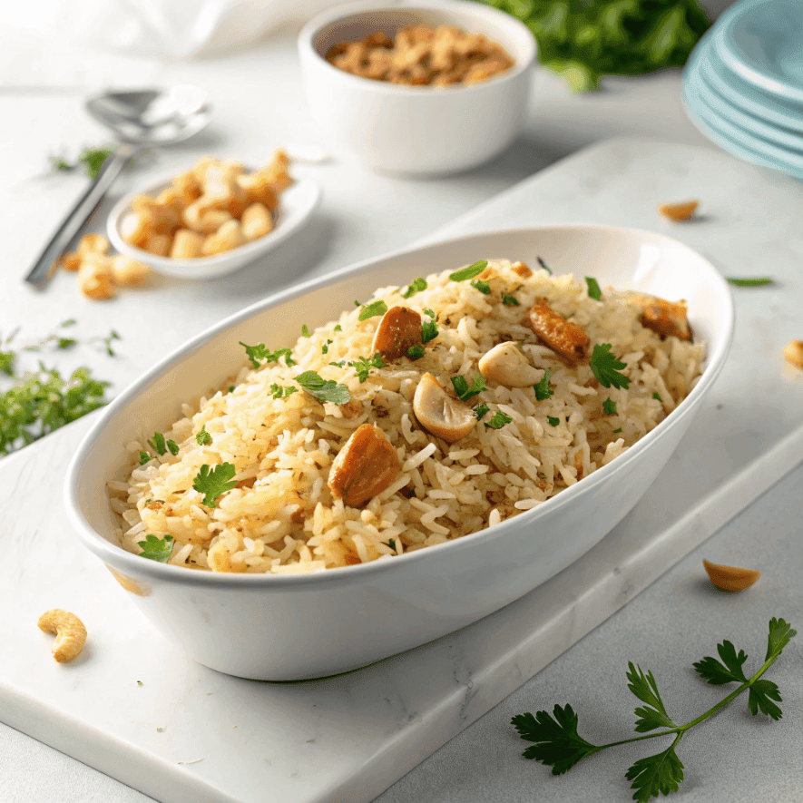 Chicken flavored rice with parsley garnish served cleanly in a white dish.