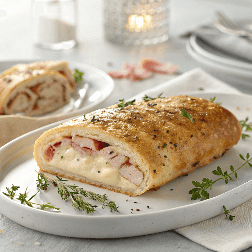 Chicken cordon bleu stromboli slice served on a white plate with melted cheese.
