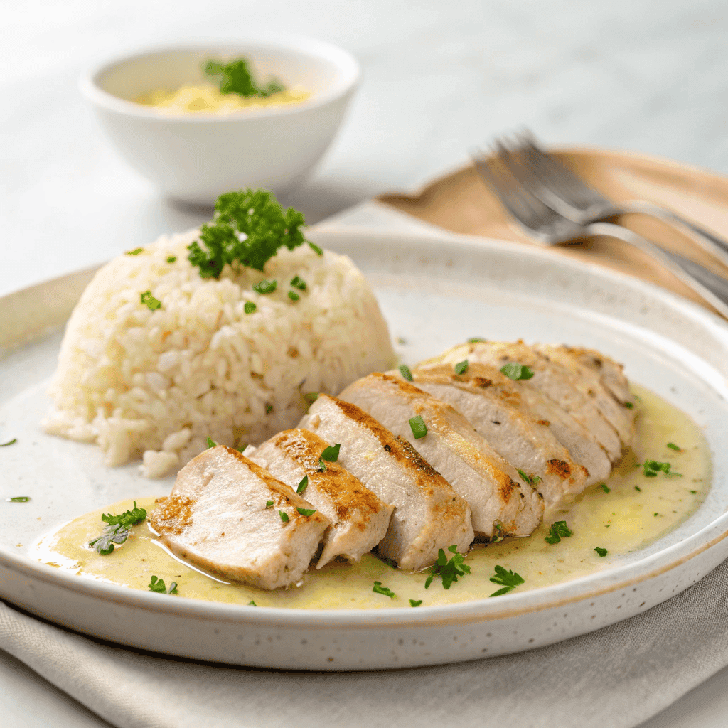 Chicken scampi with garlic parmesan rice served on a clean plate with buttery lemon sauce