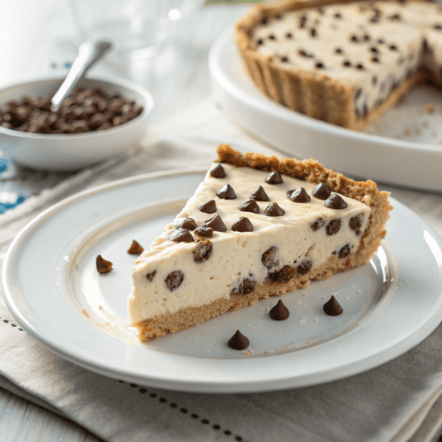 Chocolate chip cannoli pie slice served on a clean white plate.