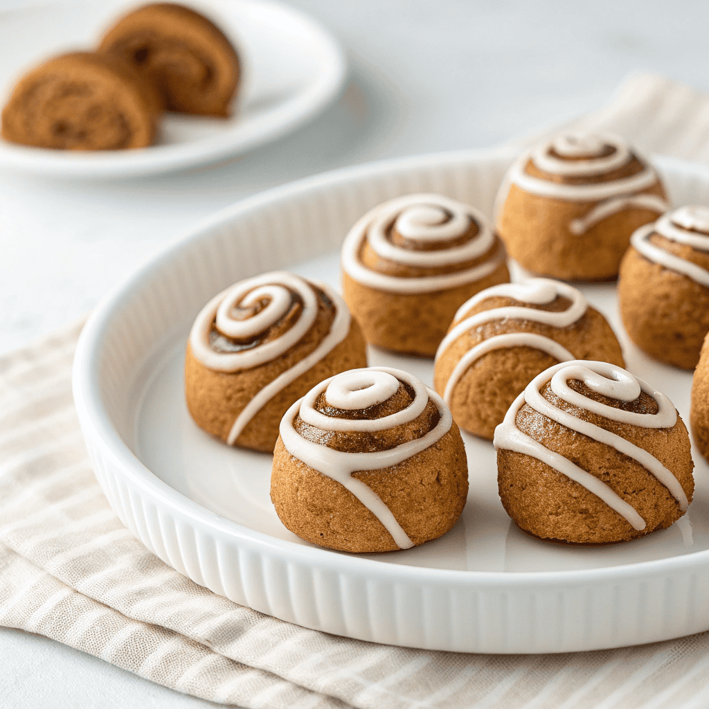 Cinnamon roll energy bites with white icing drizzle served on a white plate