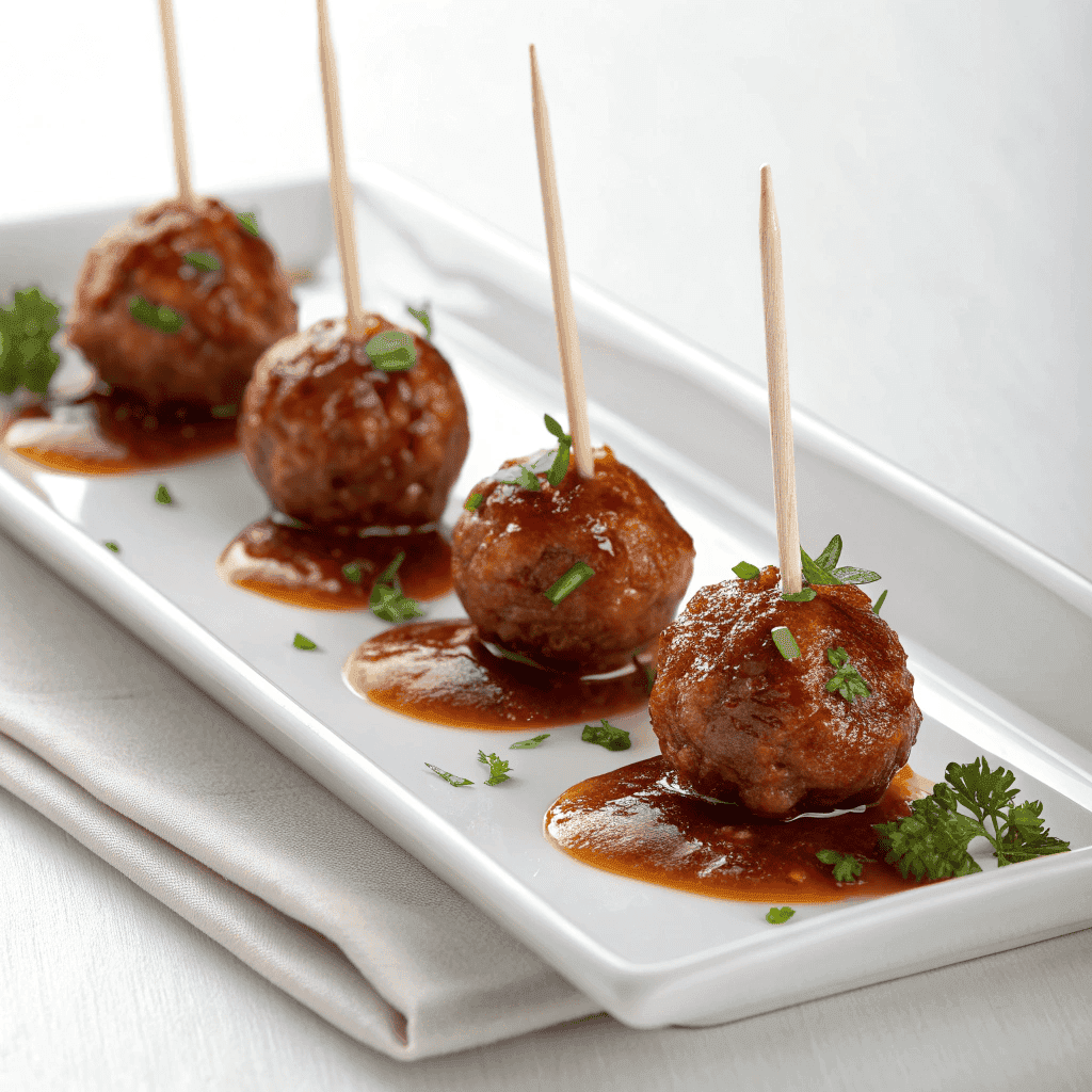 Cocktail meatballs served on a white plate with glossy sauce and parsley garnish