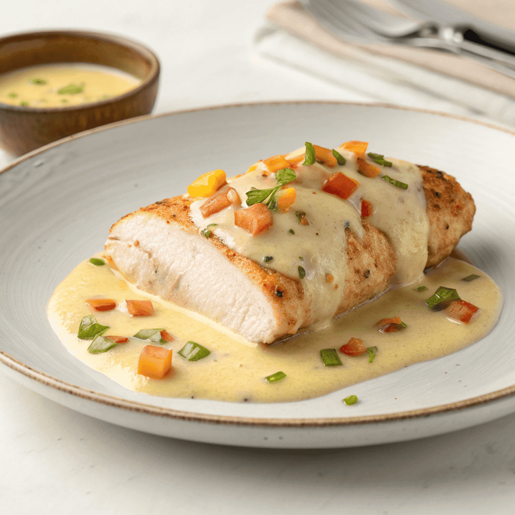 Baked queso chicken served on a plate with creamy cheese sauce and peppers