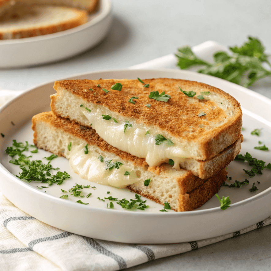 Garlic bread grilled cheese served on a white plate with golden toasted bread and melted cheese filling.