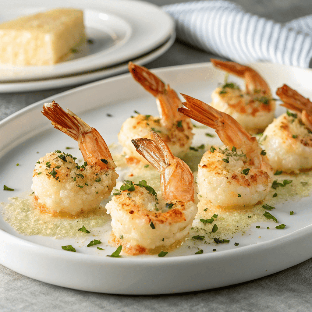 Garlic parmesan roasted shrimp served on a white plate with crisp cheese coating